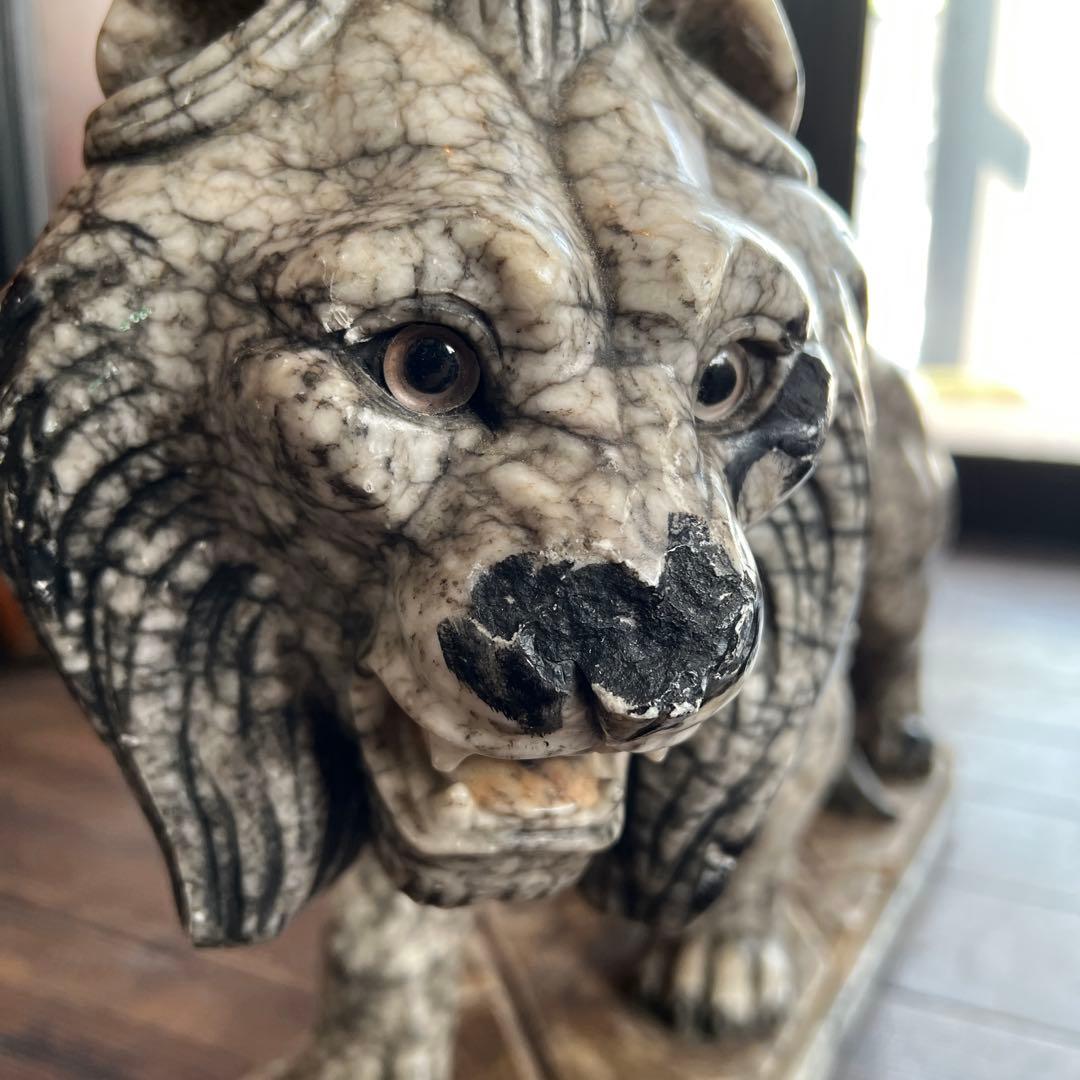 k249r124 百獣の王ライオンの大理石彫刻 オブジェ 威厳と重厚感のある逸品