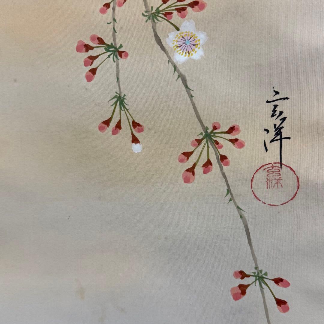 K216 山下玄洋 「櫻花小禽」 掛軸 日本画 絹本 共箱