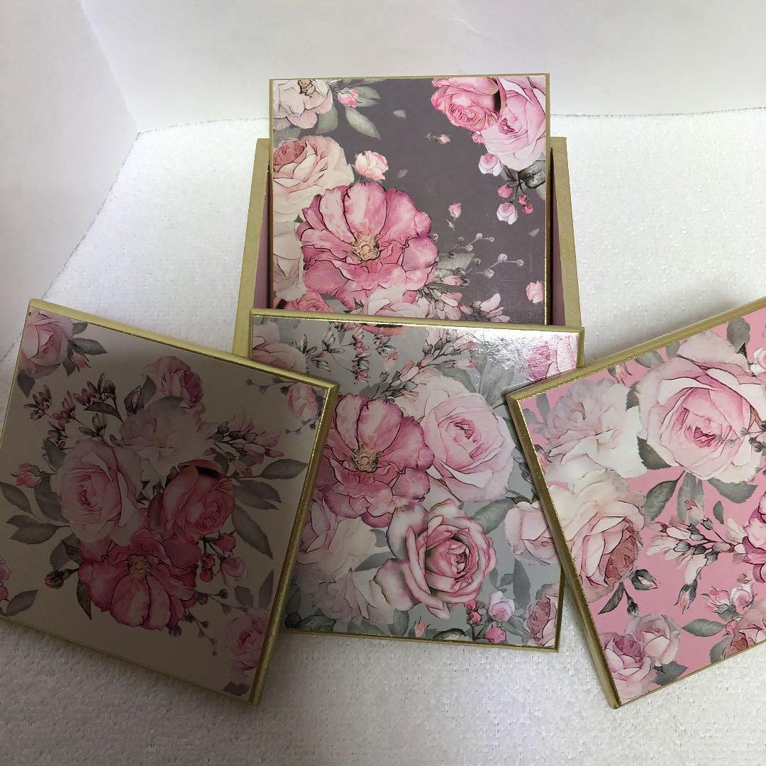 新品❣️ローズ柄が綺麗なコースター★木製ケース付4枚セット