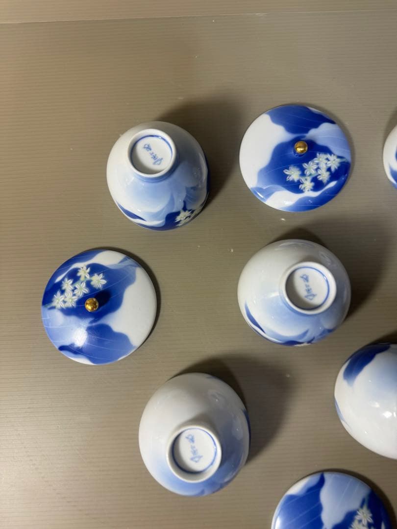 2386 深川製磁　白い花　湯呑　蓋付き　5客　未使用