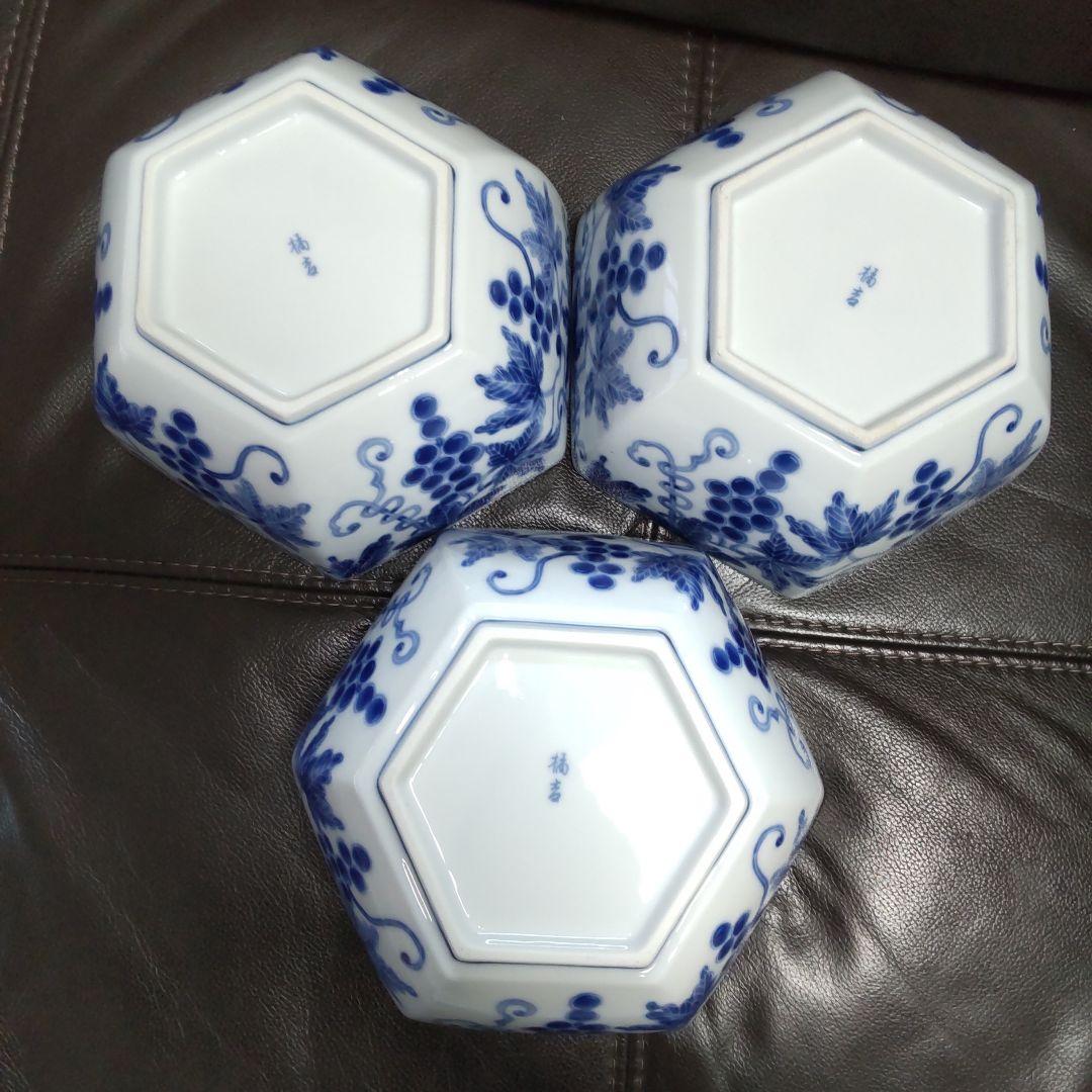 たち吉ぶどう絵柄盛鉢・六角深皿　和食器　陶器サラダ鉢菓子器 たち吉　三鉢セット