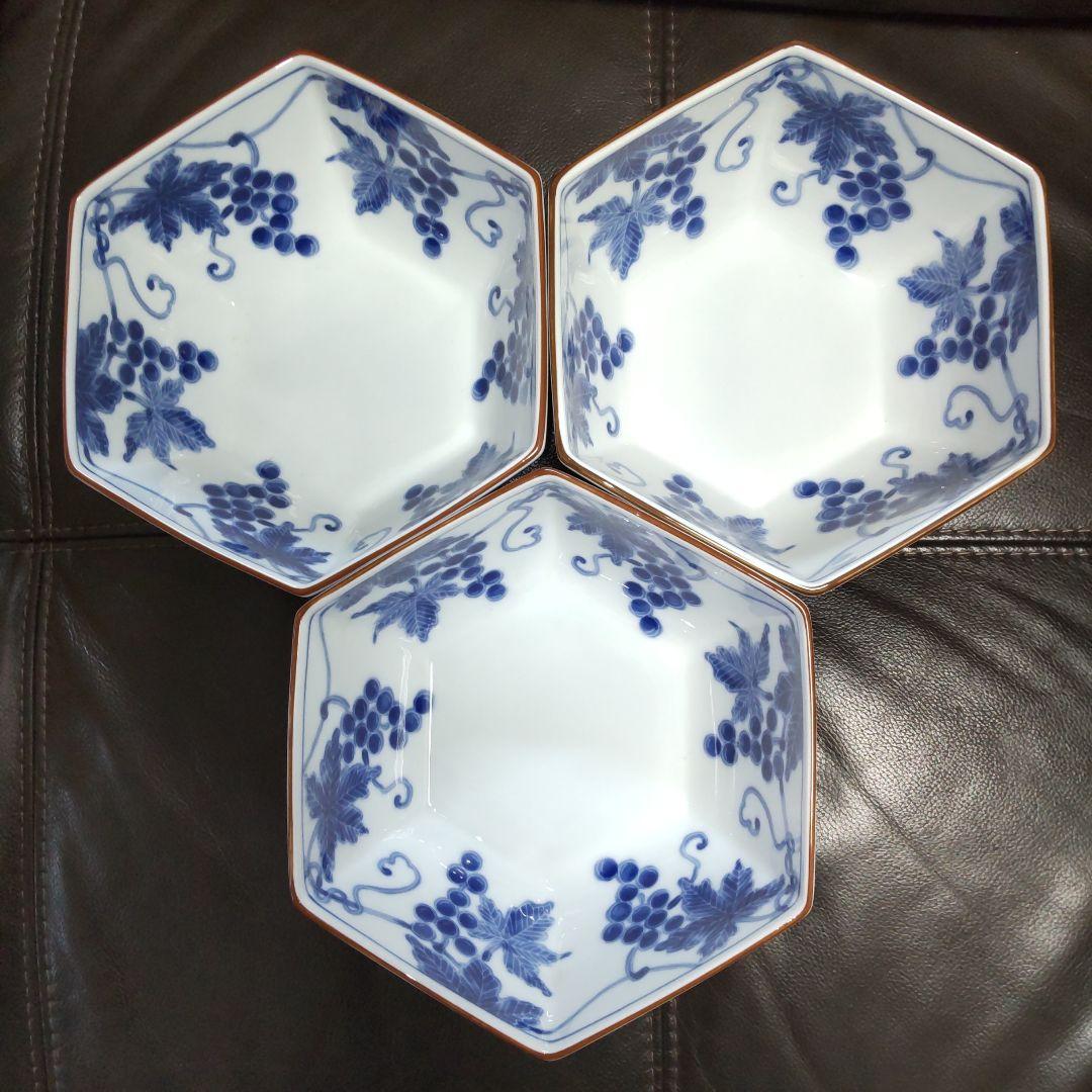 たち吉ぶどう絵柄盛鉢・六角深皿　和食器　陶器サラダ鉢菓子器 たち吉　三鉢セット