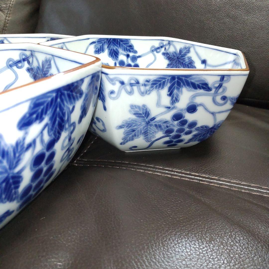たち吉ぶどう絵柄盛鉢・六角深皿　和食器　陶器サラダ鉢菓子器 たち吉　三鉢セット
