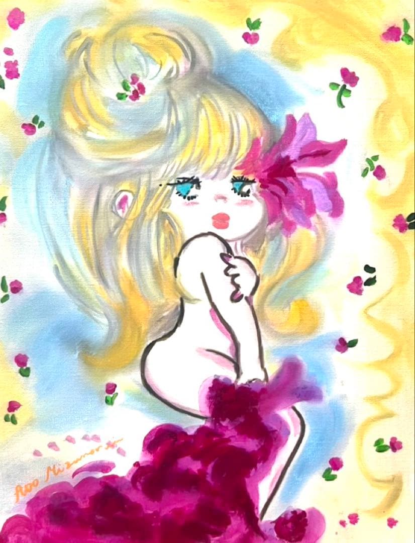 【F6】水森亜土（可愛い女の子）肉筆品/表裏サイン有り/手描き/油絵/絵画/額縁