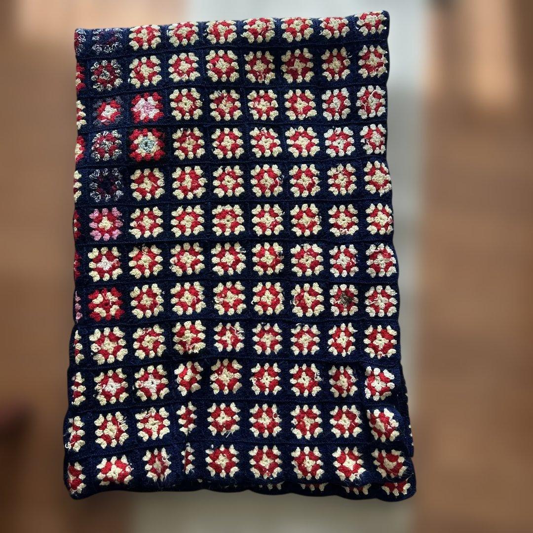 クロシェット編み　グラニースクエア　ブランケット　ヴィンテージ　160cm角