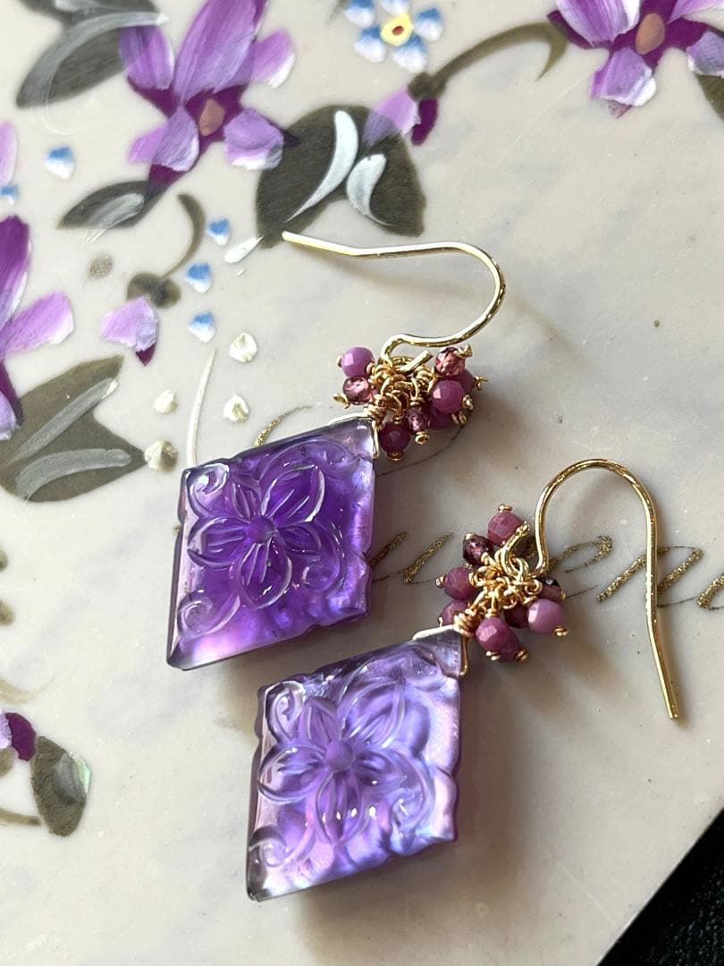 《1点限定》アメジスト＆MOPフラワーローゼンジ＊ピアスorイヤリング