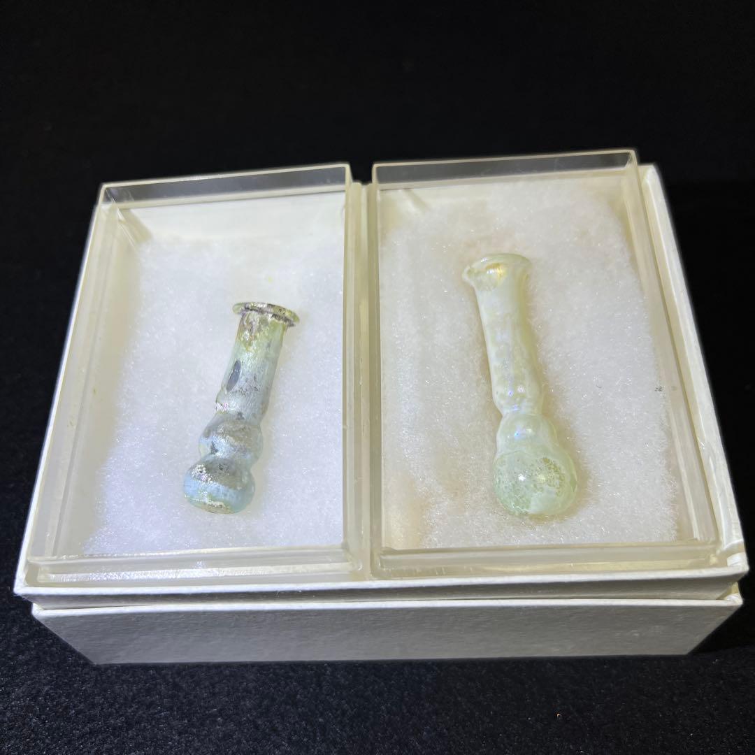 ローマングラス　紀元前ガラス涙壺2点　高さ約5.5/4.5㎝　箱付