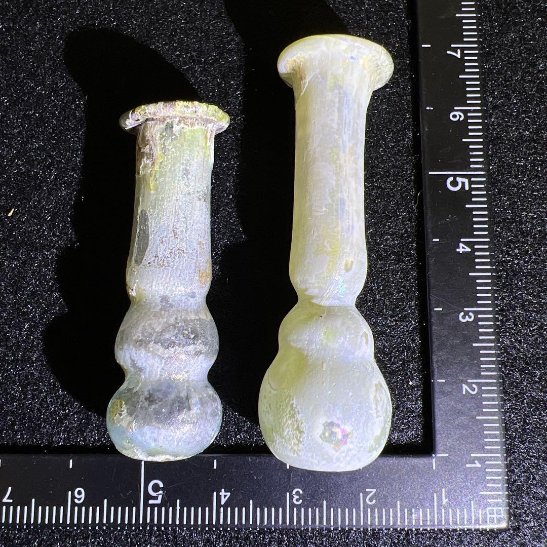 ローマングラス　紀元前ガラス涙壺2点　高さ約5.5/4.5㎝　箱付