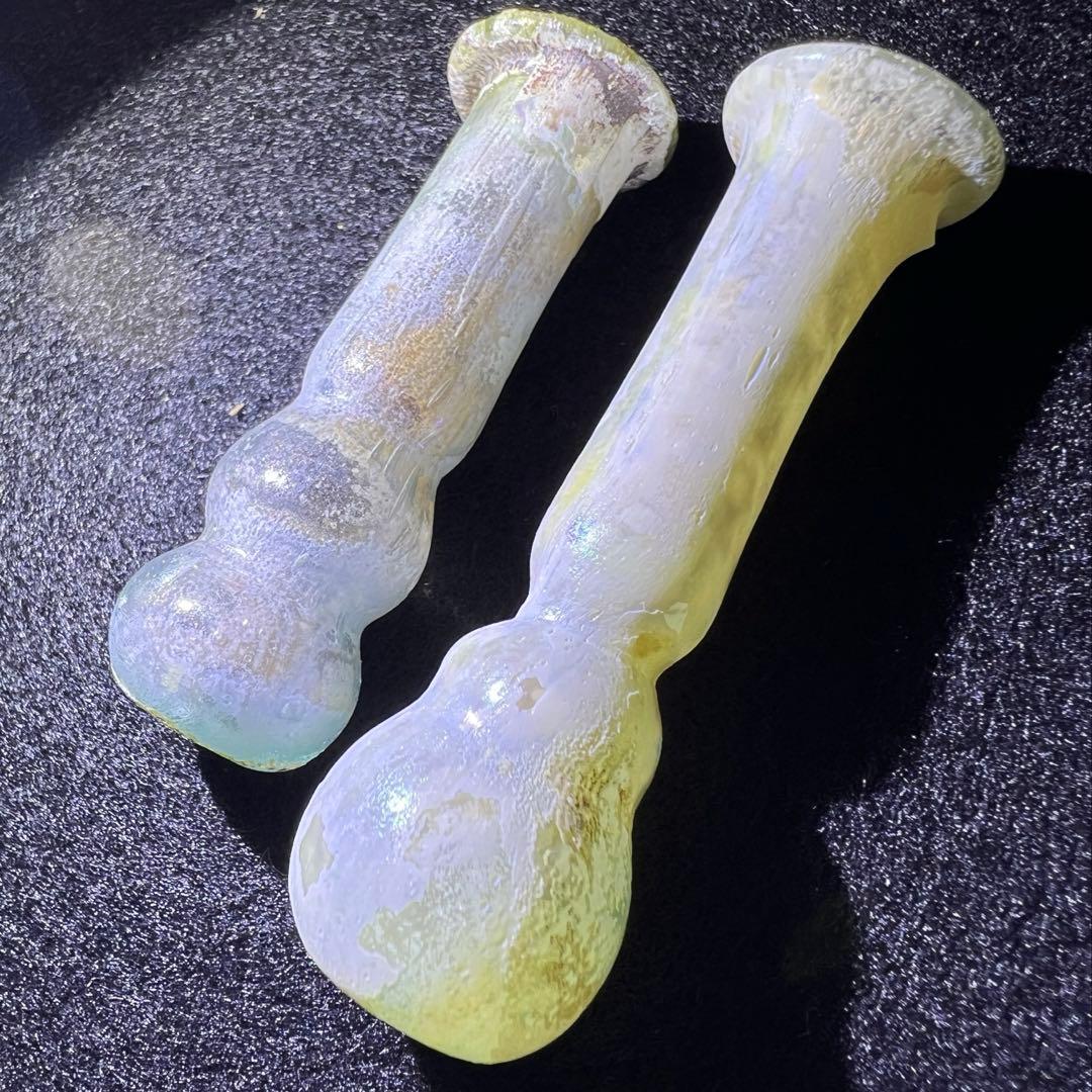 ローマングラス　紀元前ガラス涙壺2点　高さ約5.5/4.5㎝　箱付