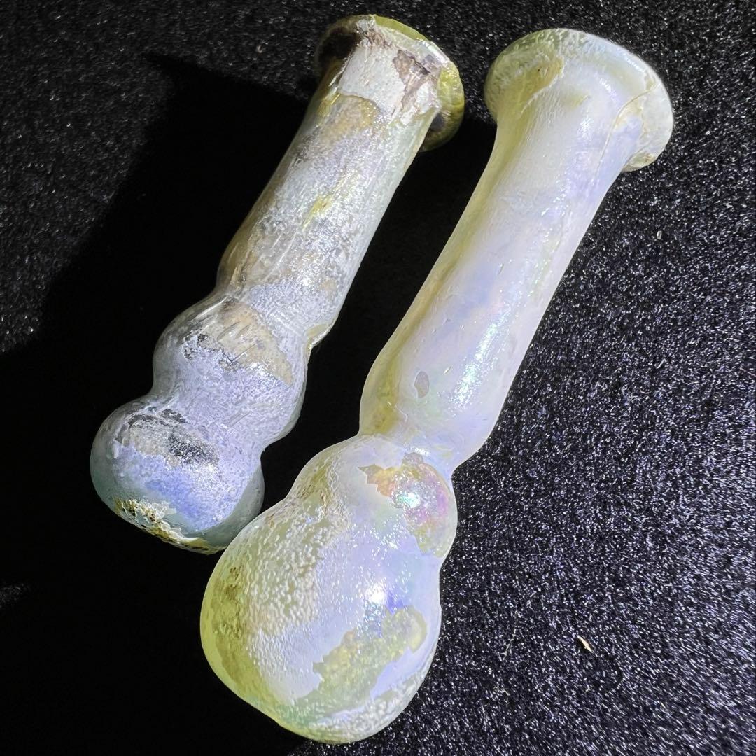 ローマングラス　紀元前ガラス涙壺2点　高さ約5.5/4.5㎝　箱付