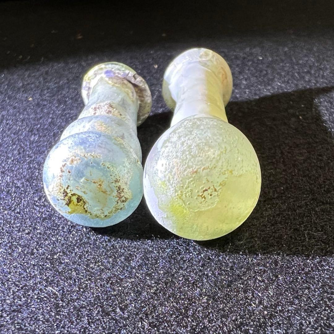 ローマングラス　紀元前ガラス涙壺2点　高さ約5.5/4.5㎝　箱付