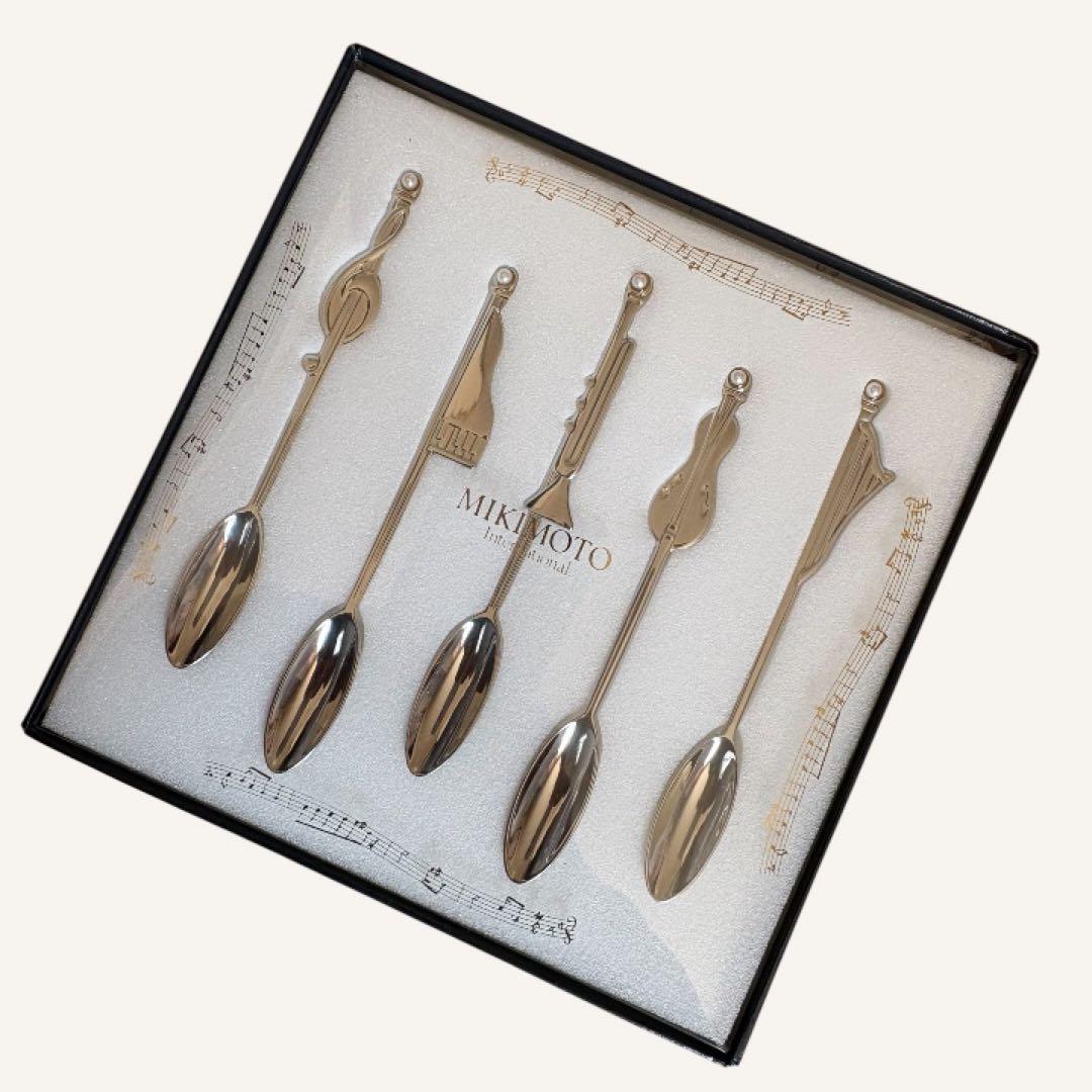 【未使用】MIKIMOTO ミキモト パール付 スプーン5本 音楽モチーフ 箱付
