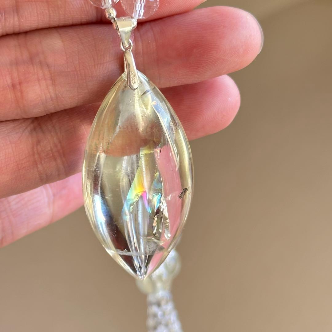 天然石 シトリン×クリスタル 高品質ペンダントネックレス虹入り／S925／一点物