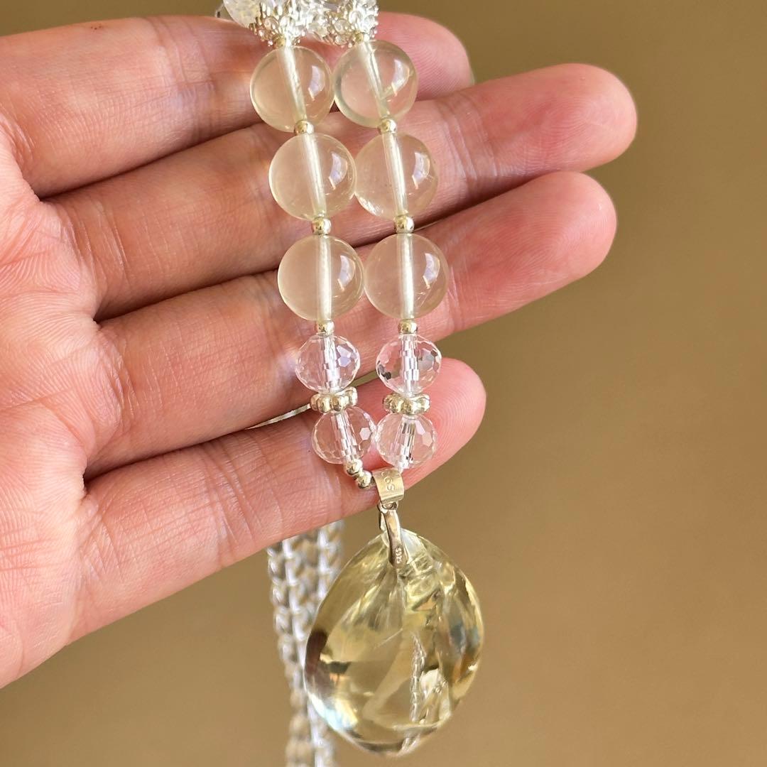 天然石 シトリン×クリスタル 高品質ペンダントネックレス虹入り／S925／一点物