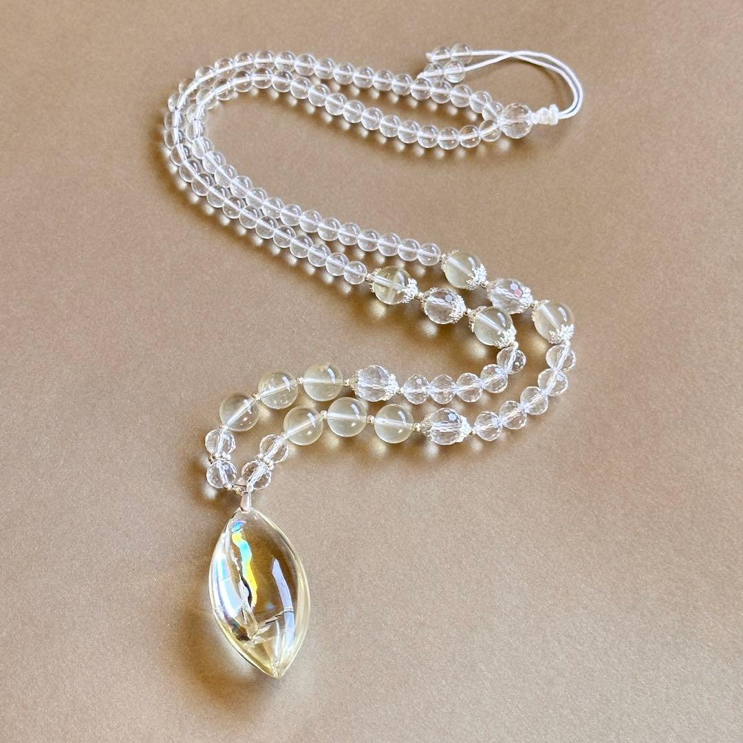 天然石 シトリン×クリスタル 高品質ペンダントネックレス虹入り／S925／一点物