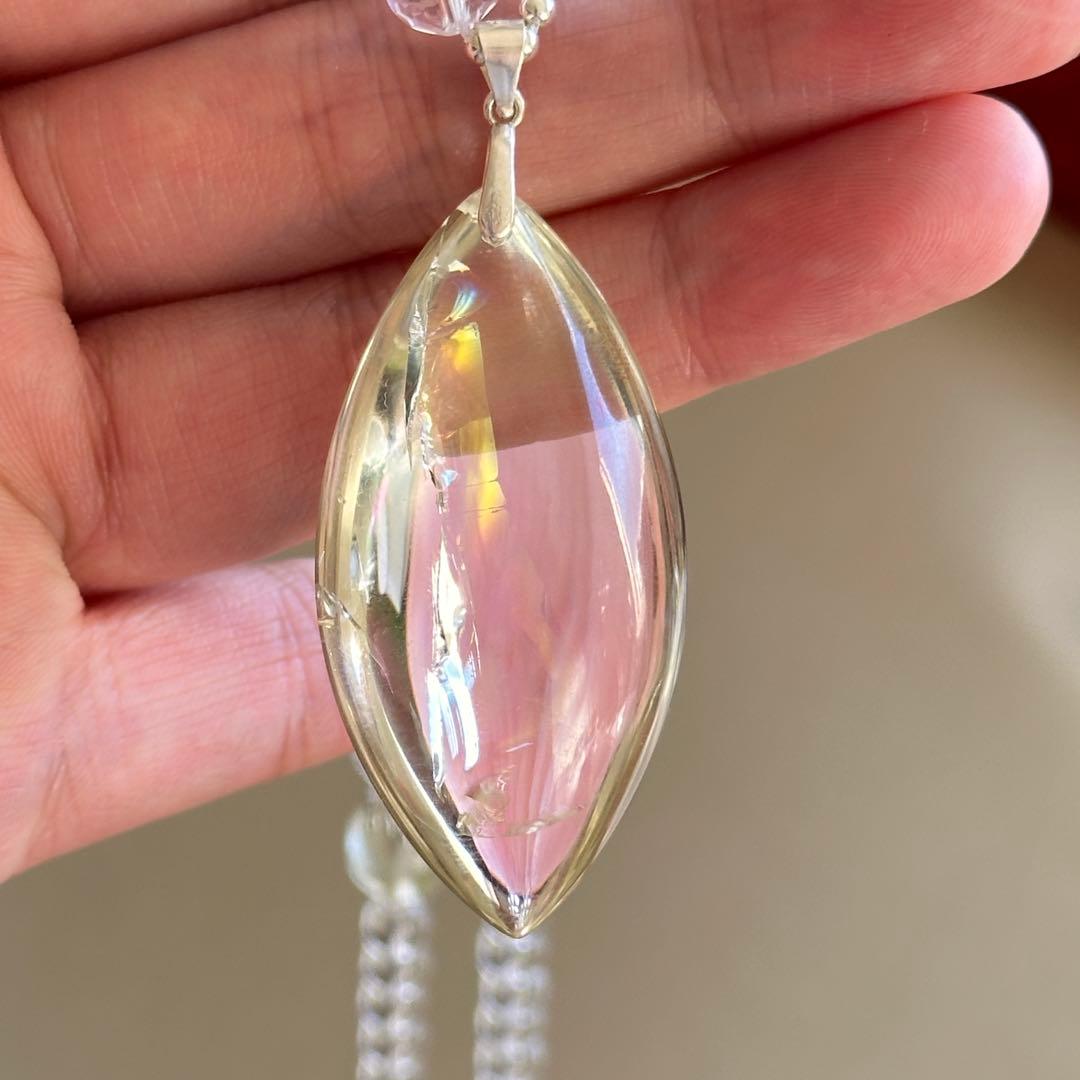 天然石 シトリン×クリスタル 高品質ペンダントネックレス虹入り／S925／一点物