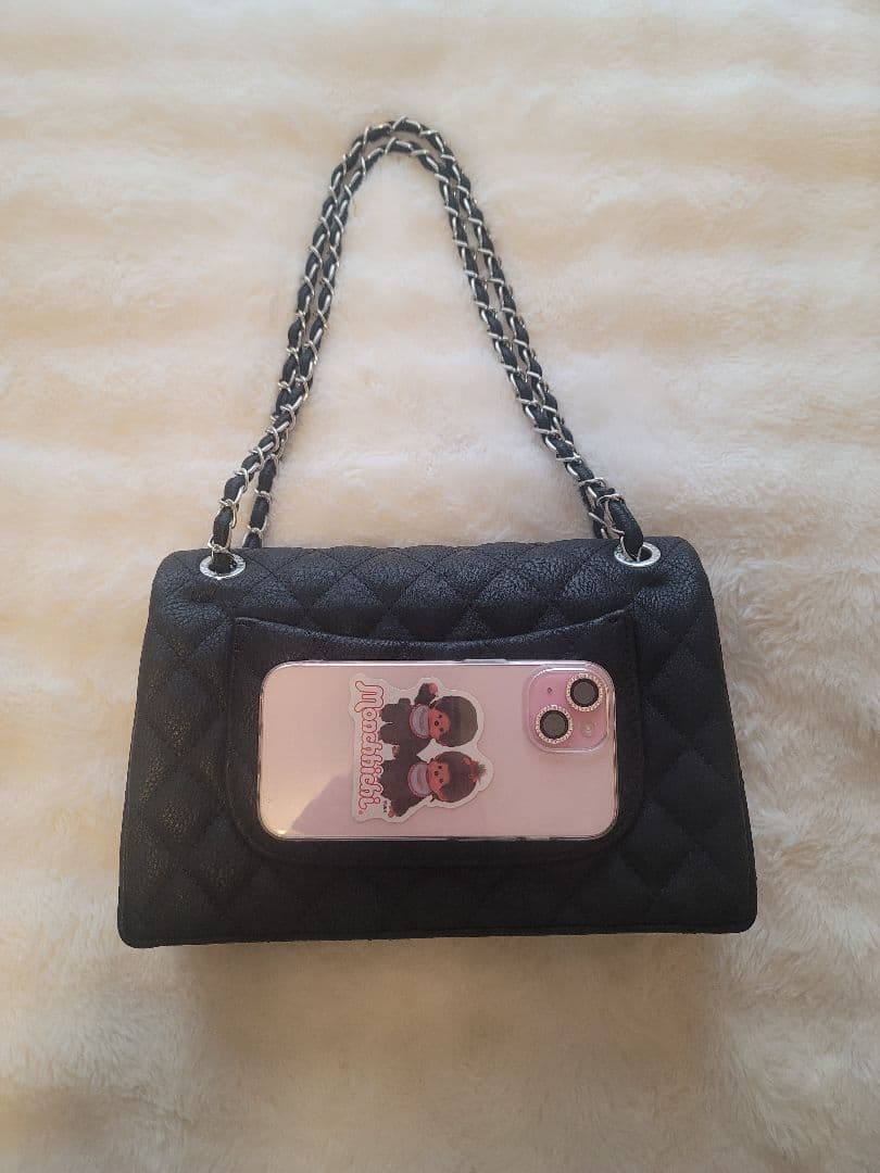 ノベルティCHANEL ブラック ショルダーバッグ マトラッセ シルバー