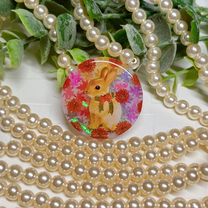 レジンヘアゴム 紅葉とうさぎちゃん グラデーションホログラムNo.729