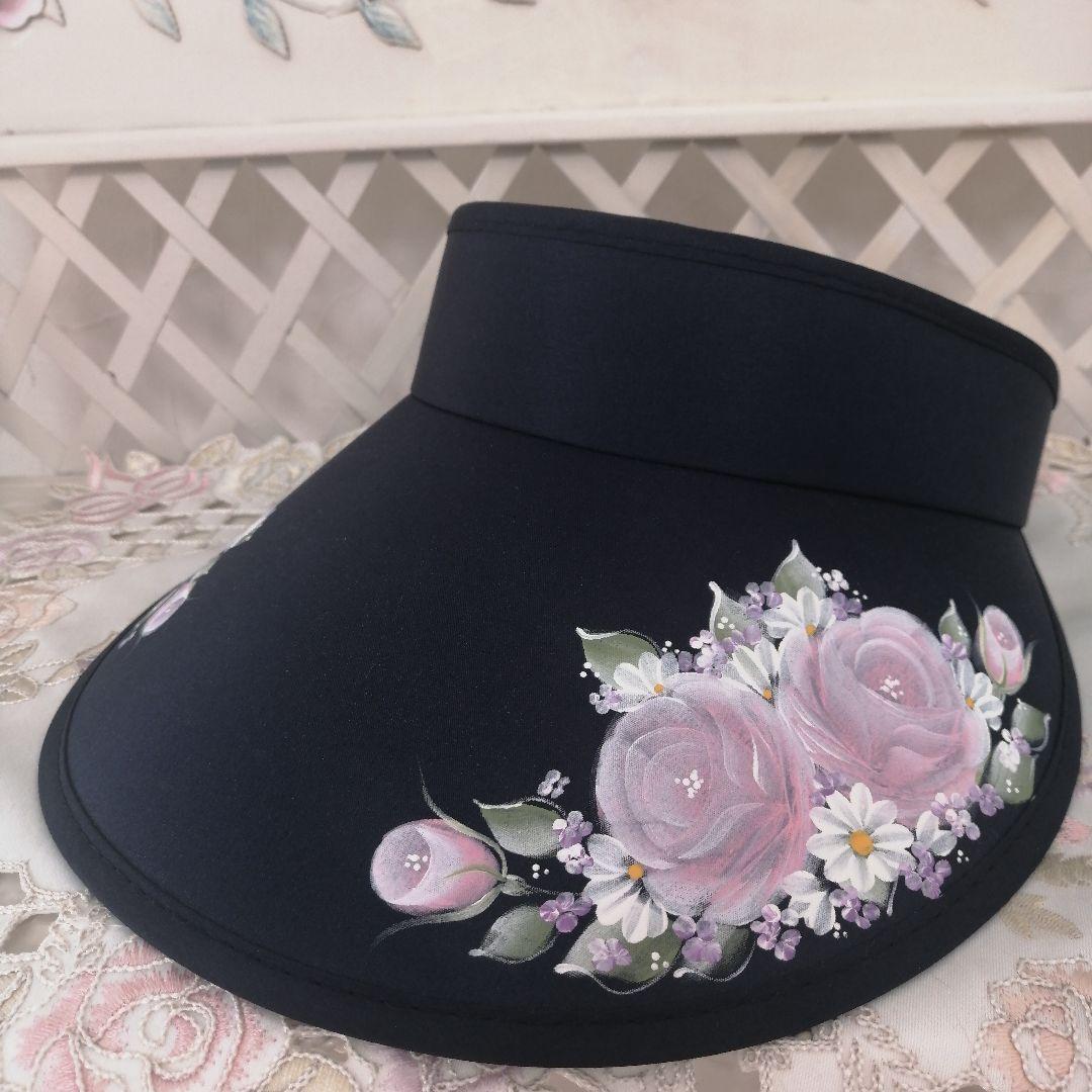 専用sale薔薇のサンバイザー　ネイビー　トールペイント