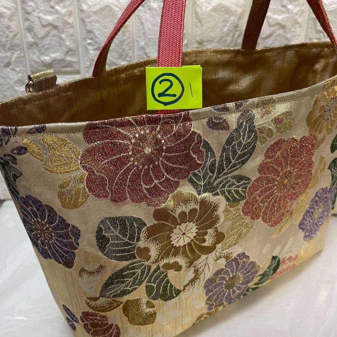 ❷帯リメイクバッグ【辻ヶ花】金色 箔 高級正絹 帯(未使用帯？)大／Dカン・底板