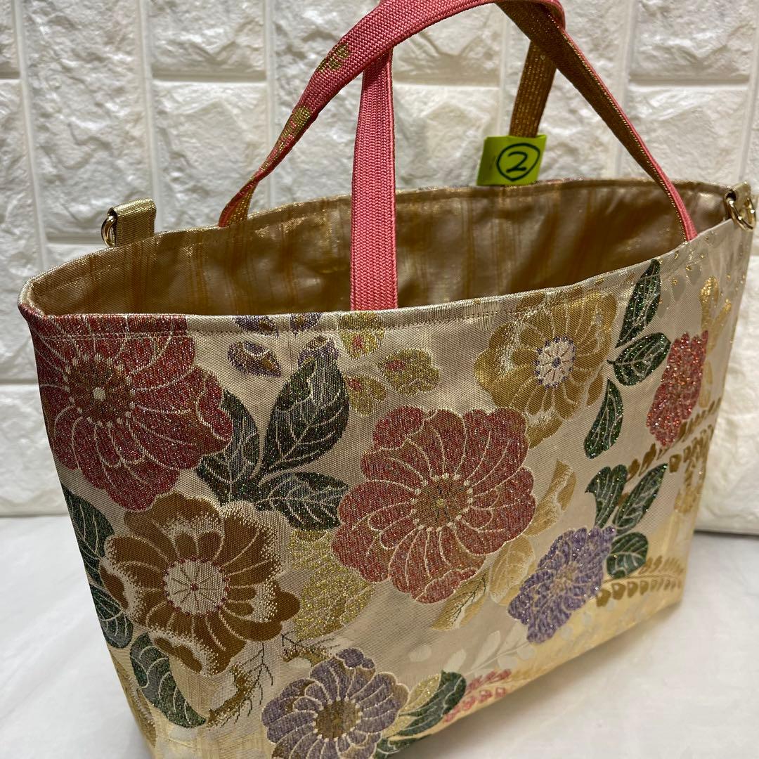 ❷帯リメイクバッグ【辻ヶ花】金色 箔 高級正絹 帯(未使用帯？)大／Dカン・底板