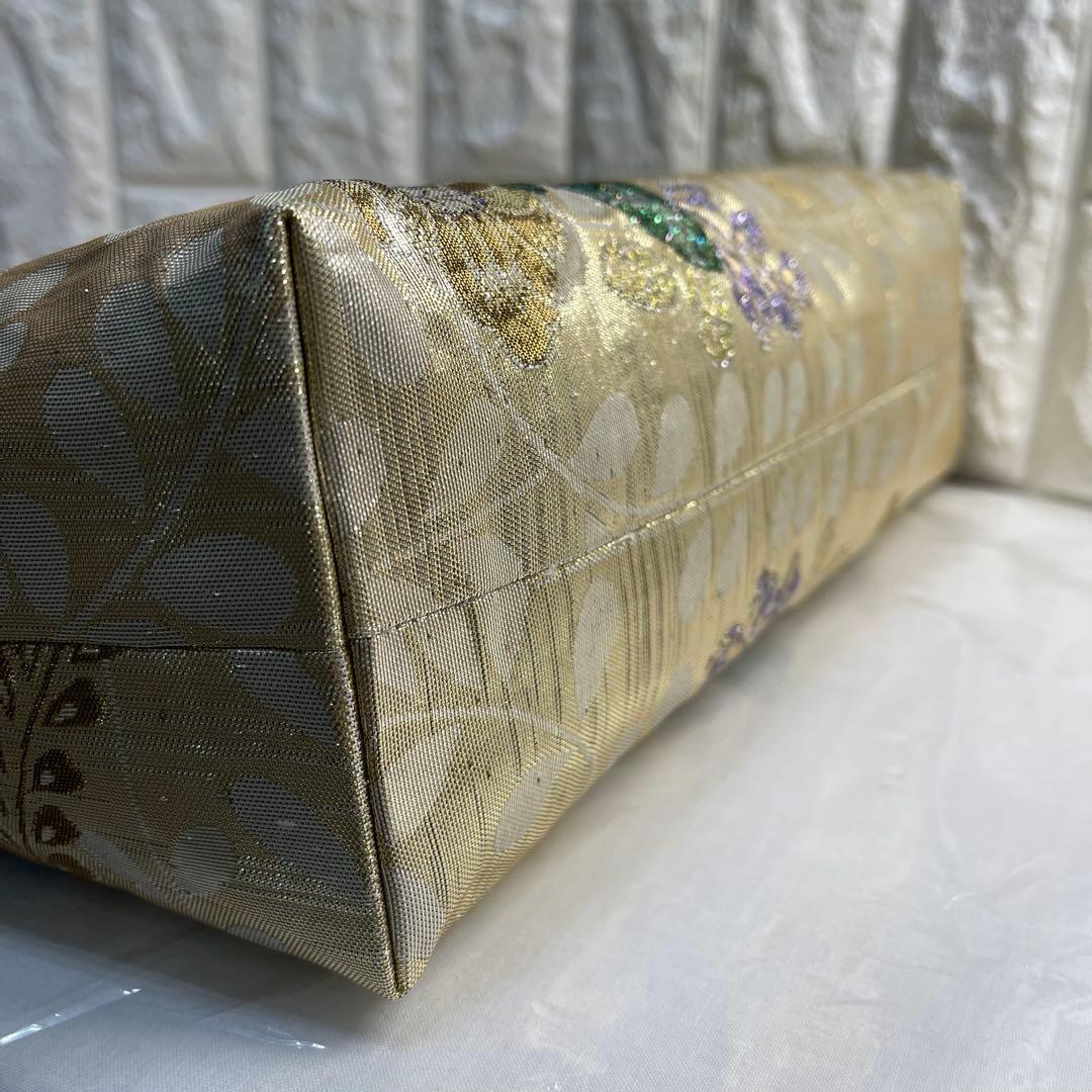 ❷帯リメイクバッグ【辻ヶ花】金色 箔 高級正絹 帯(未使用帯？)大／Dカン・底板