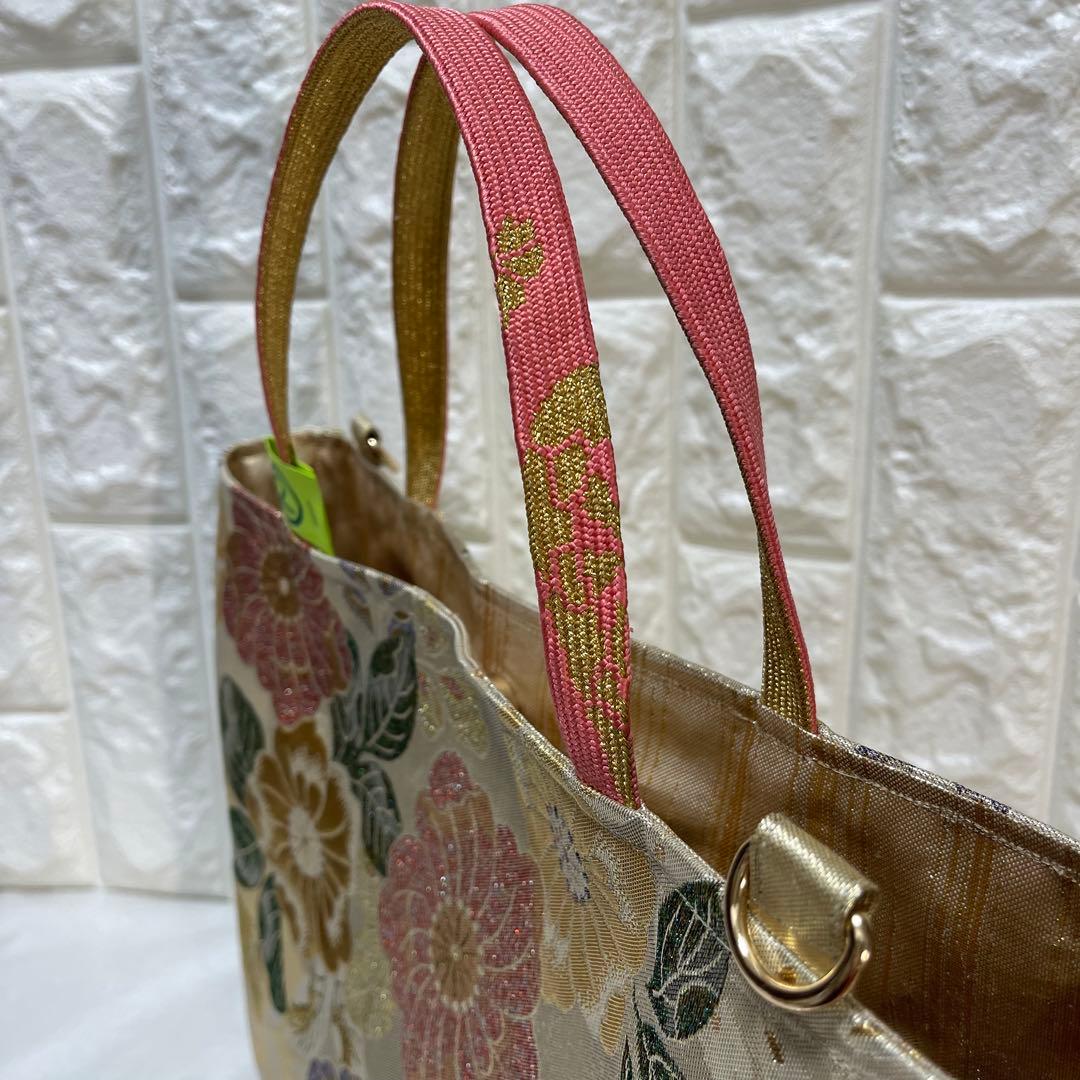 ❷帯リメイクバッグ【辻ヶ花】金色 箔 高級正絹 帯(未使用帯？)大／Dカン・底板