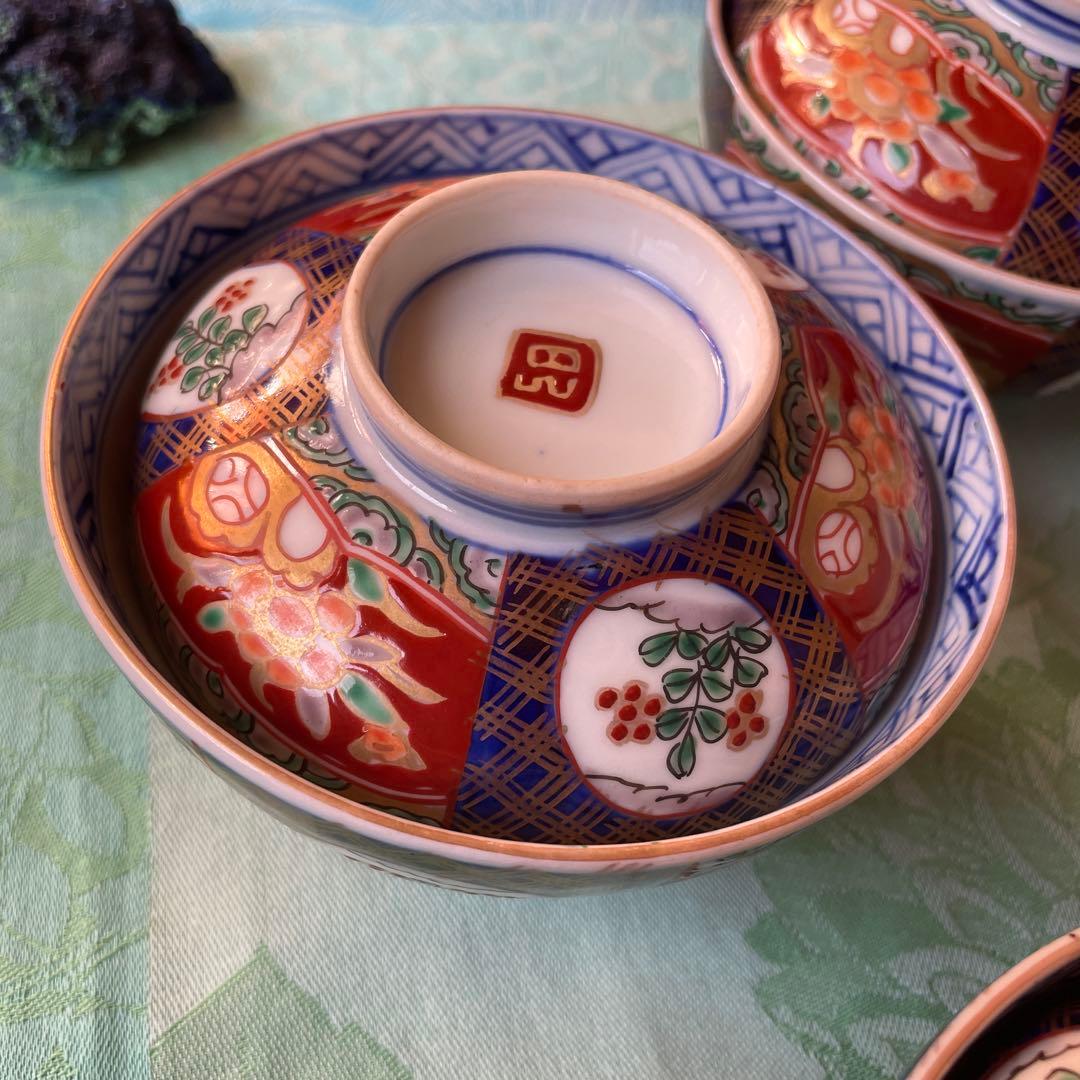 幕末明治　金襴手　染付　牡丹　蓋付煮付け碗　5客