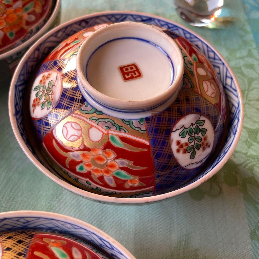 幕末明治　金襴手　染付　牡丹　蓋付煮付け碗　5客