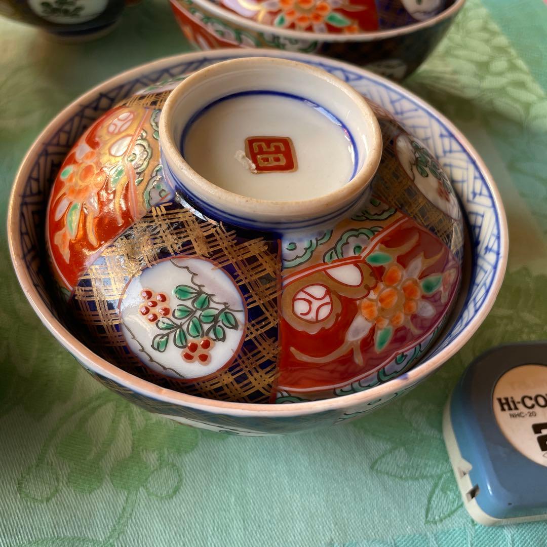 幕末明治　金襴手　染付　牡丹　蓋付煮付け碗　5客