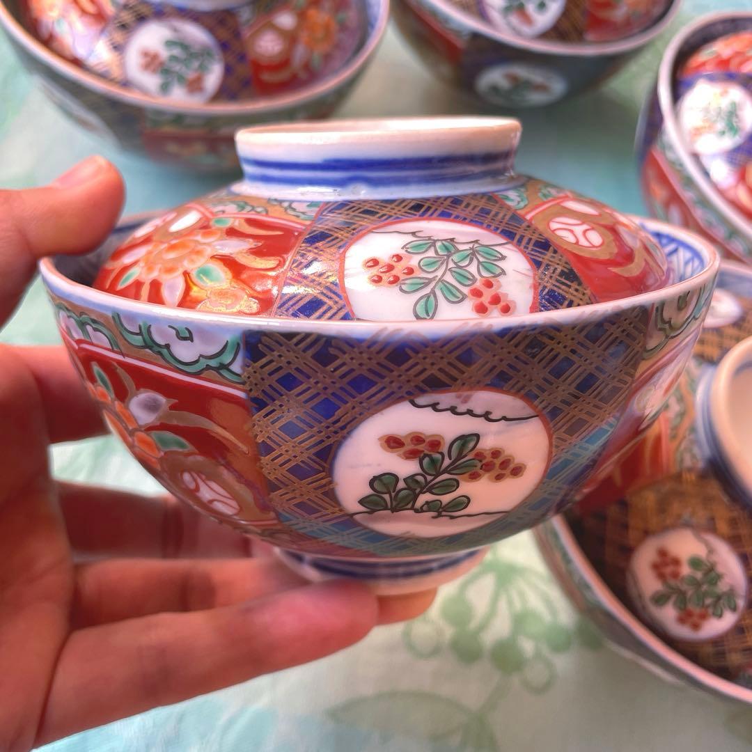 幕末明治　金襴手　染付　牡丹　蓋付煮付け碗　5客