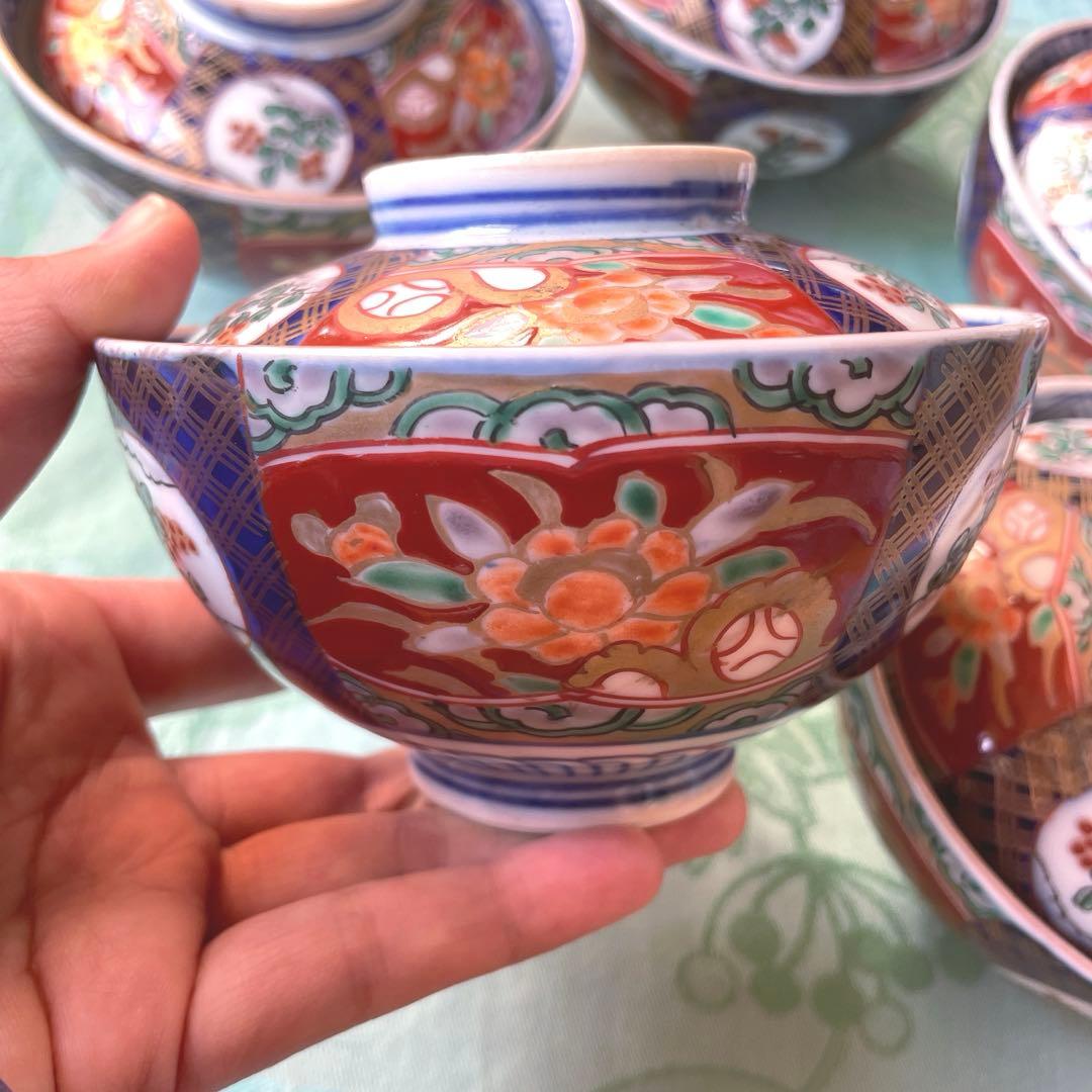 幕末明治　金襴手　染付　牡丹　蓋付煮付け碗　5客