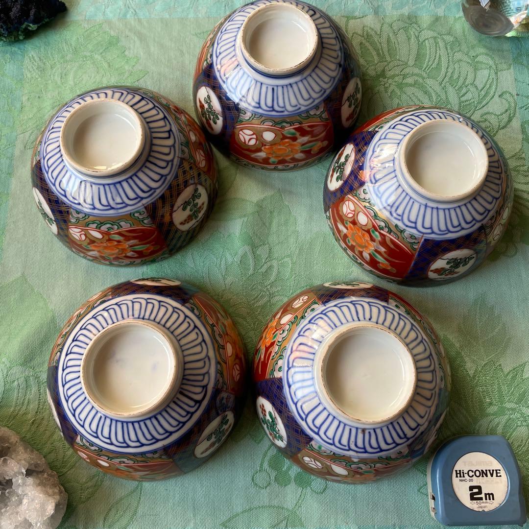 幕末明治　金襴手　染付　牡丹　蓋付煮付け碗　5客