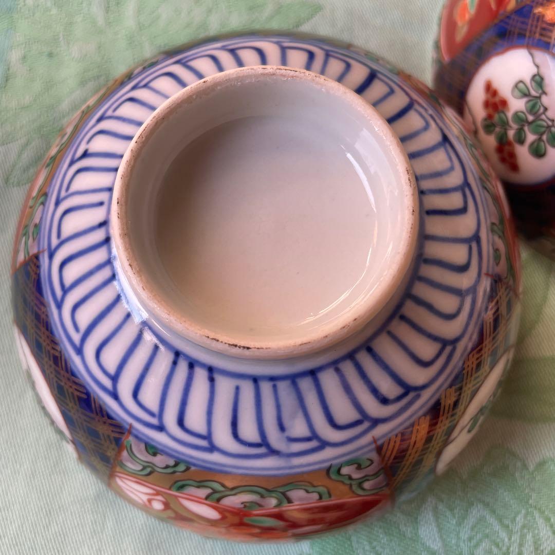 幕末明治　金襴手　染付　牡丹　蓋付煮付け碗　5客