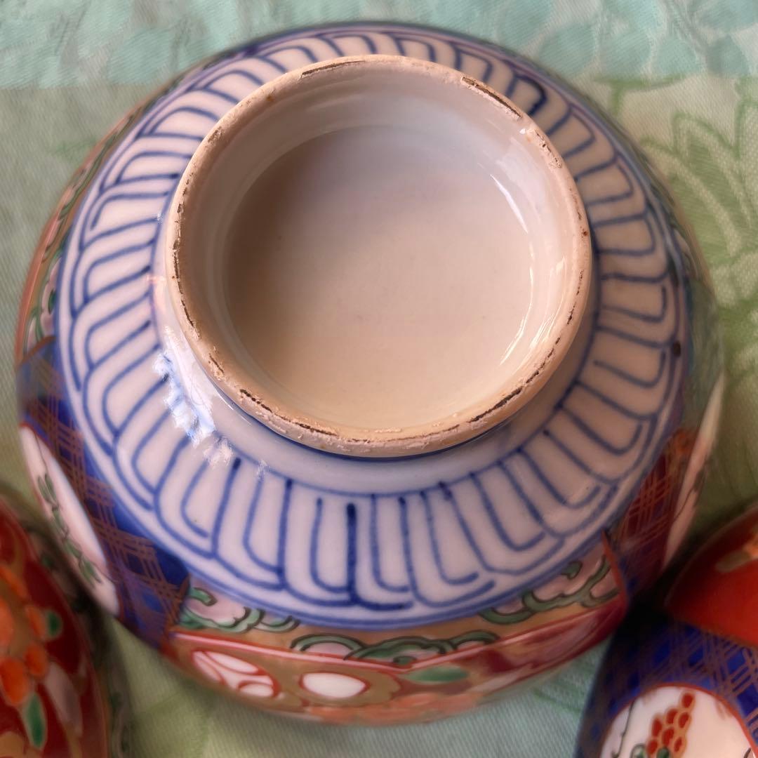 幕末明治　金襴手　染付　牡丹　蓋付煮付け碗　5客