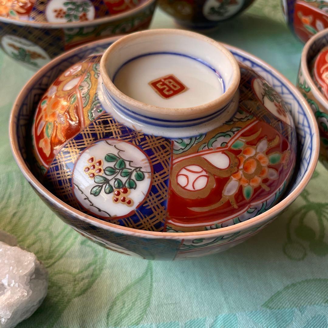 幕末明治　金襴手　染付　牡丹　蓋付煮付け碗　5客