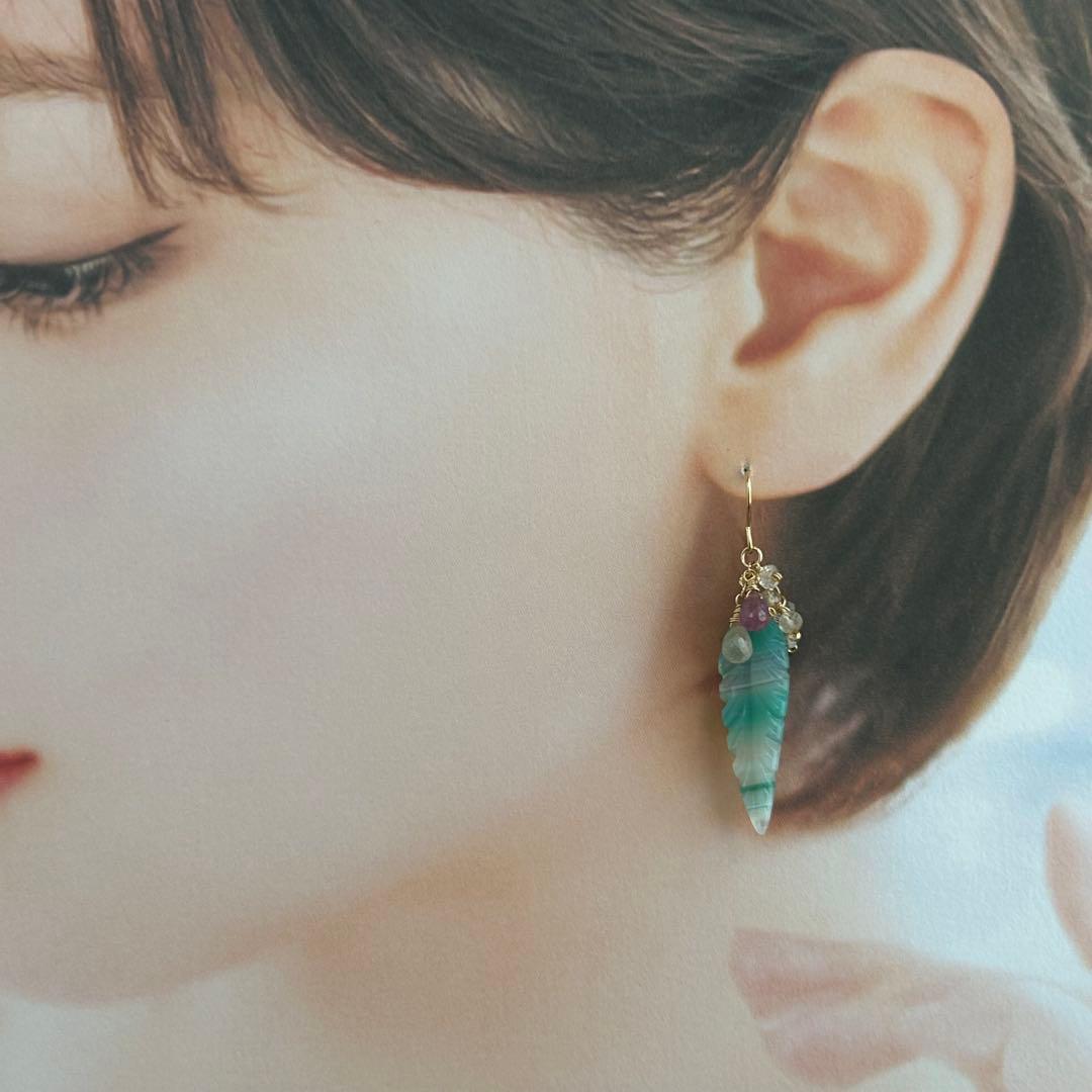 専用③グリーンバンデットアゲート　リーフカービング　14kgf　天然石ピアス