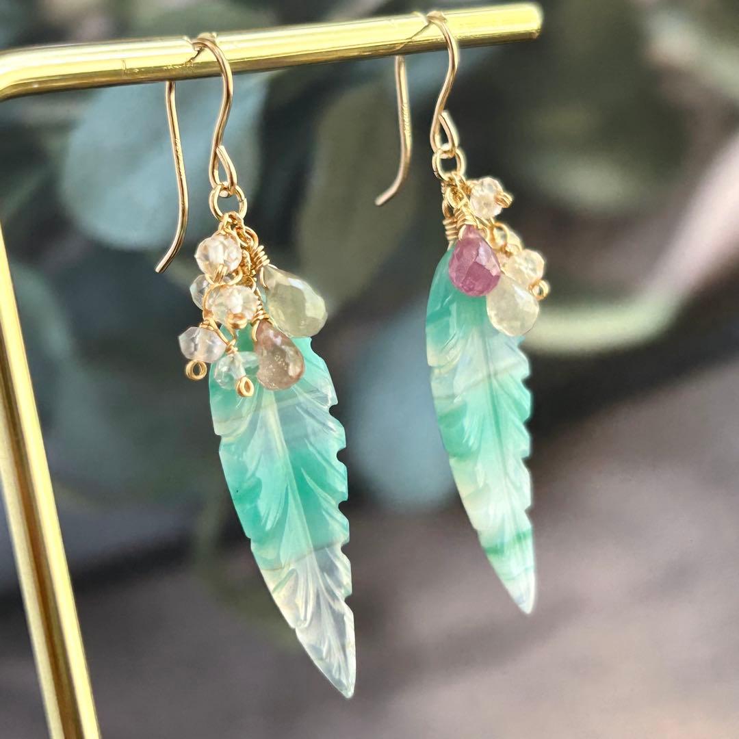 専用③グリーンバンデットアゲート　リーフカービング　14kgf　天然石ピアス