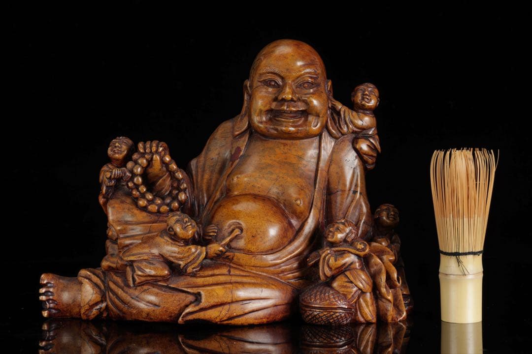 石彫 布袋尊 童子戯れ 置物 高さ21cm 七福神 縁起物 仏像 古美術 骨董品