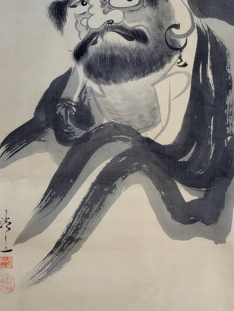 【真作】掛軸　達磨図　墨彩仏画　書と画の共作風作品　合箱入　U131