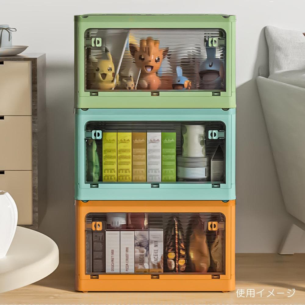 キャスター付き 透明 折り畳みコンテナボックス 4面扉 積み重ね可能 Lサイズ