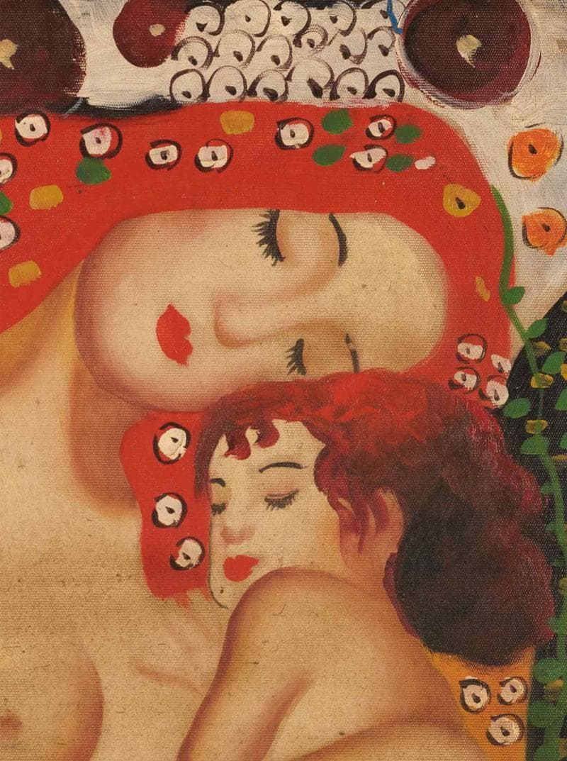 グスタフ・クリムト　油彩　肉筆『母子像』表サイン　F8号　額無　b918