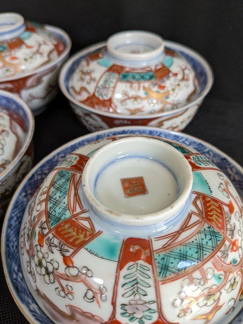 古伊万里 手描き 蓋付き 茶碗 4客 アンティーク ヴィンテージ