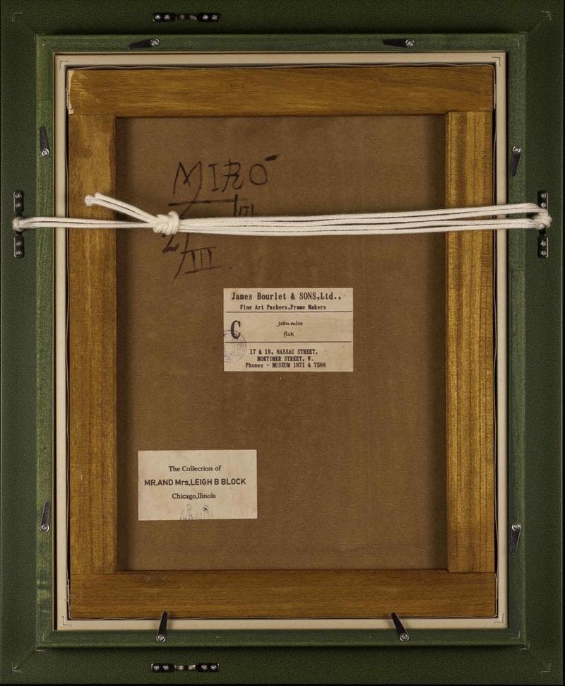 ミロ　ミクストメディア　肉筆『魚』表と裏サイン　画廊シール　F6号　額　b948