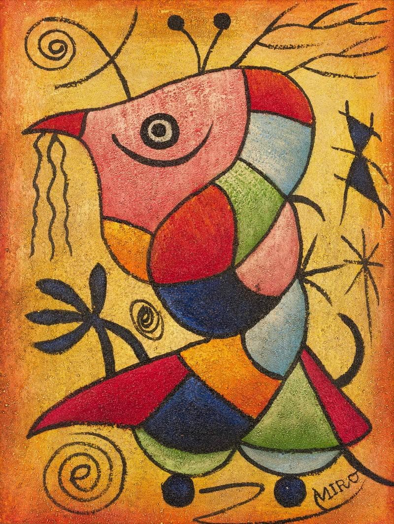 ミロ　ミクストメディア　肉筆『魚』表と裏サイン　画廊シール　F6号　額　b948