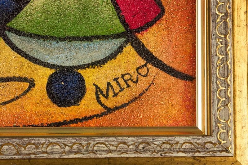 ミロ　ミクストメディア　肉筆『魚』表と裏サイン　画廊シール　F6号　額　b948