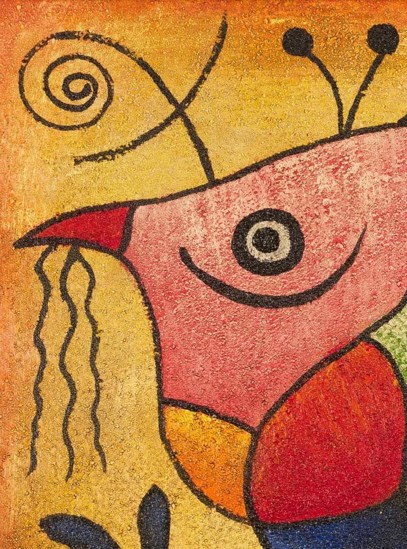 ミロ　ミクストメディア　肉筆『魚』表と裏サイン　画廊シール　F6号　額　b948