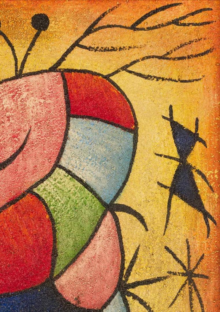 ミロ　ミクストメディア　肉筆『魚』表と裏サイン　画廊シール　F6号　額　b948