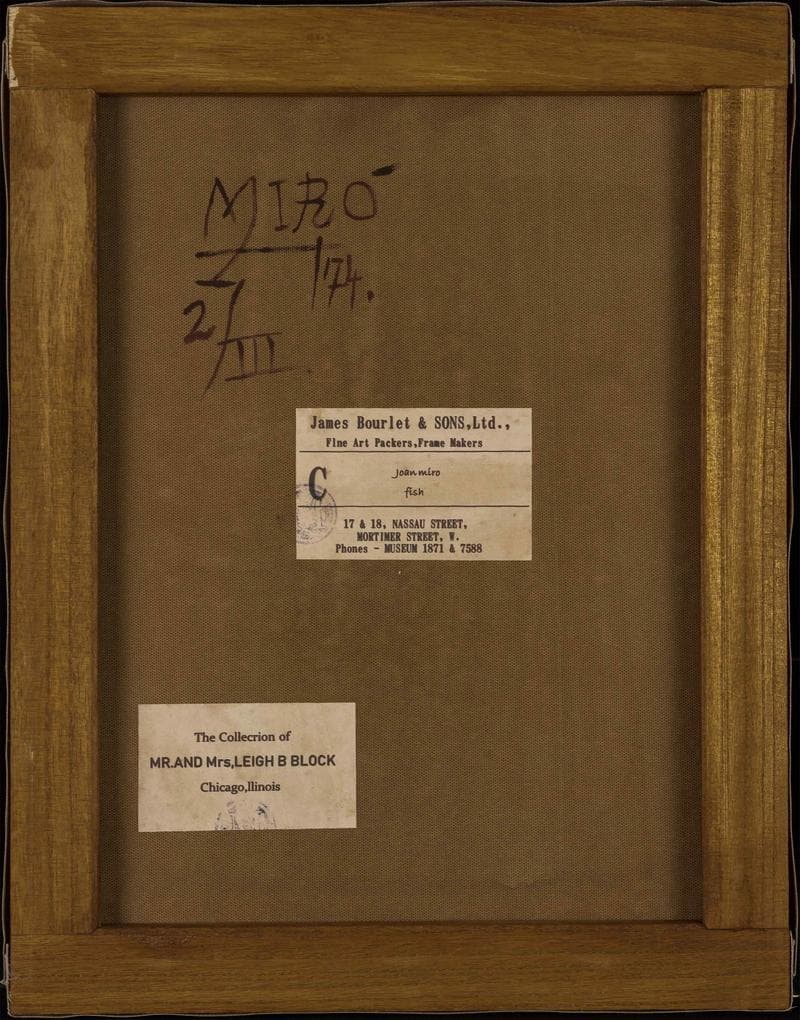 ミロ　ミクストメディア　肉筆『魚』表と裏サイン　画廊シール　F6号　額　b948