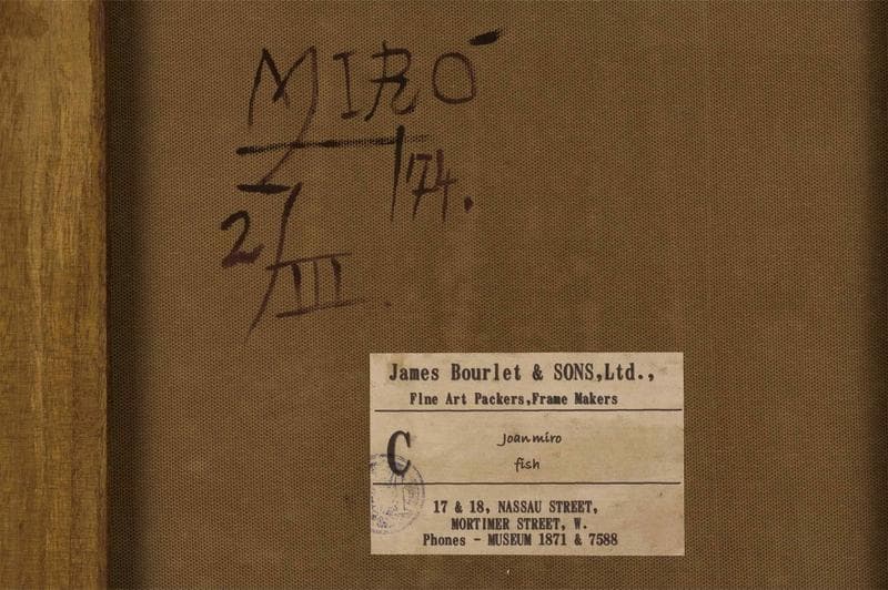 ミロ　ミクストメディア　肉筆『魚』表と裏サイン　画廊シール　F6号　額　b948